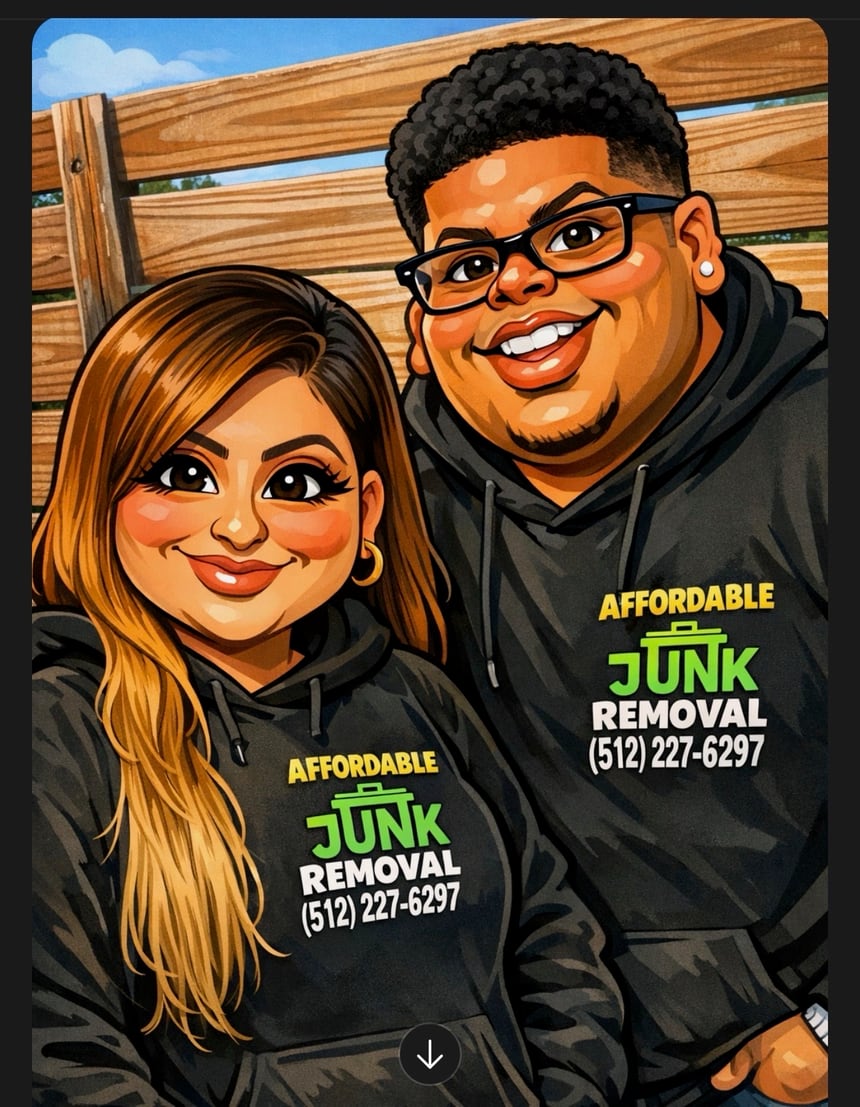 The family owners of Affordable Junk Removal in their branded hoodies, Austin, TX